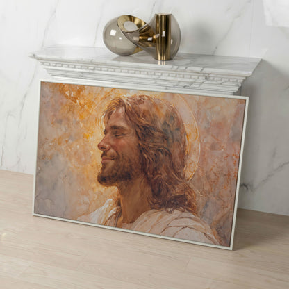 Serene Jesus Portrait Canvas Art, Halo and Closed Eyes in white floating frame