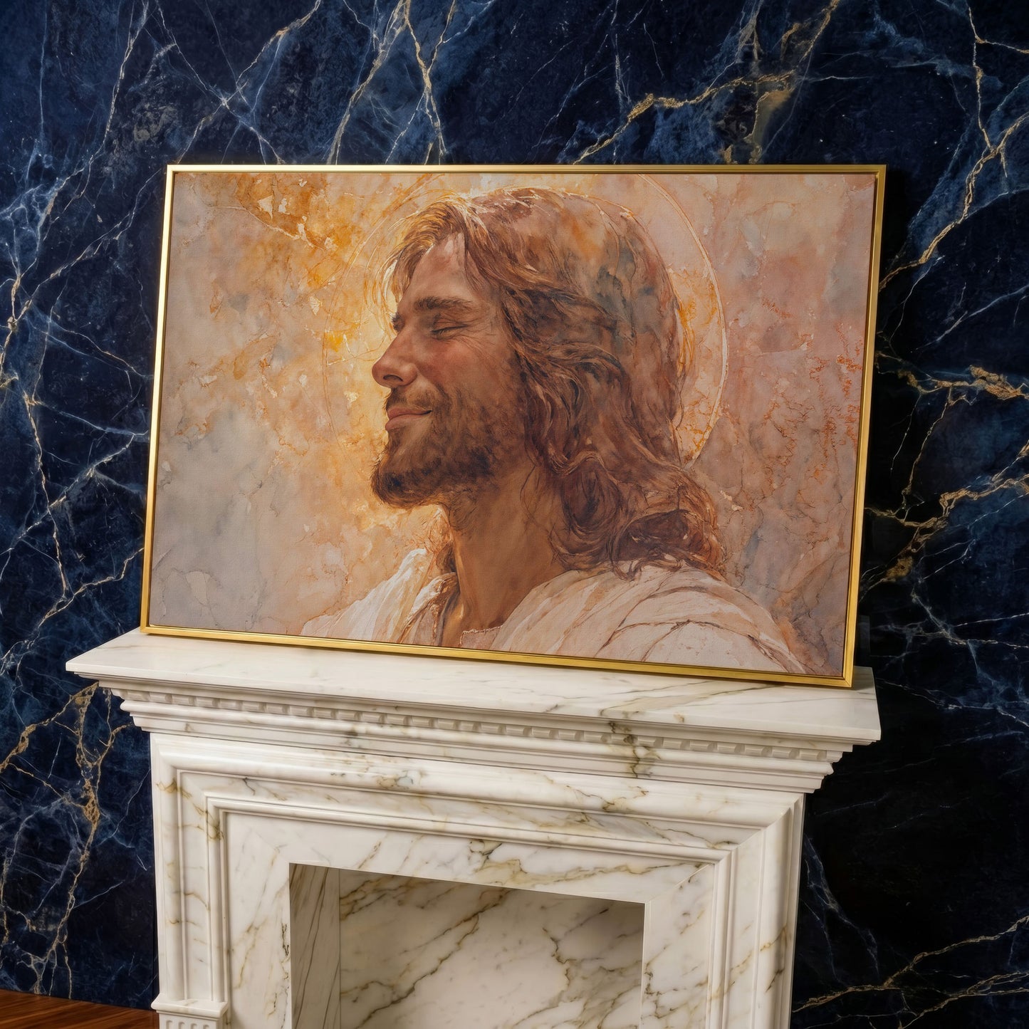 Serene Jesus Portrait Canvas Art, Halo and Closed Eyes in yellow gold floating frame