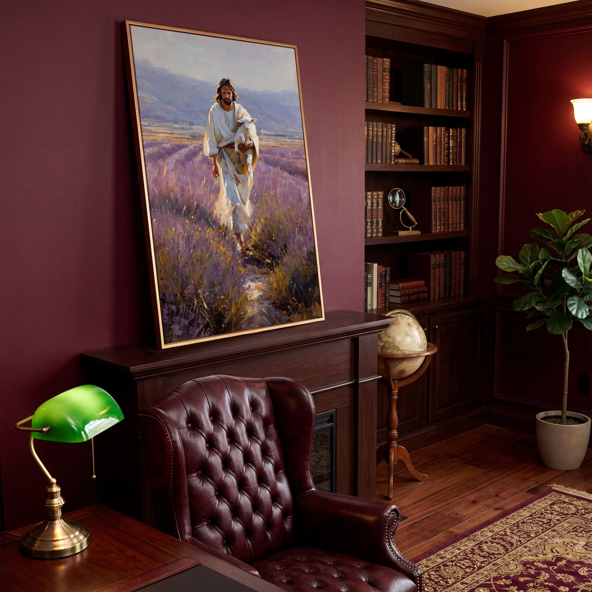 Jesus and the Lamb, Lavender Field Canvas Wall Art in antique gold floating frame