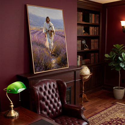 Jesus and the Lamb, Lavender Field Canvas Wall Art in antique gold floating frame