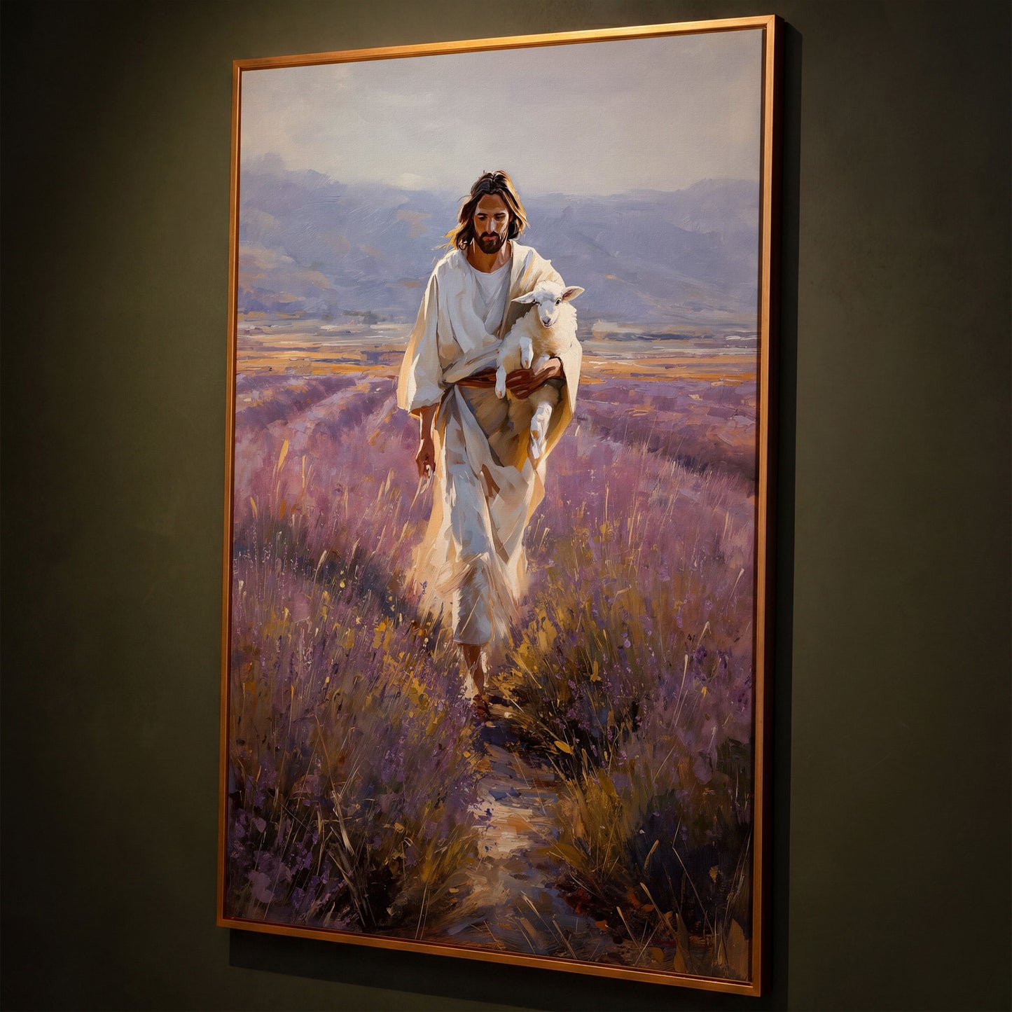 Jesus and the Lamb, Lavender Field Canvas Wall Art shown in antique gold floating frame