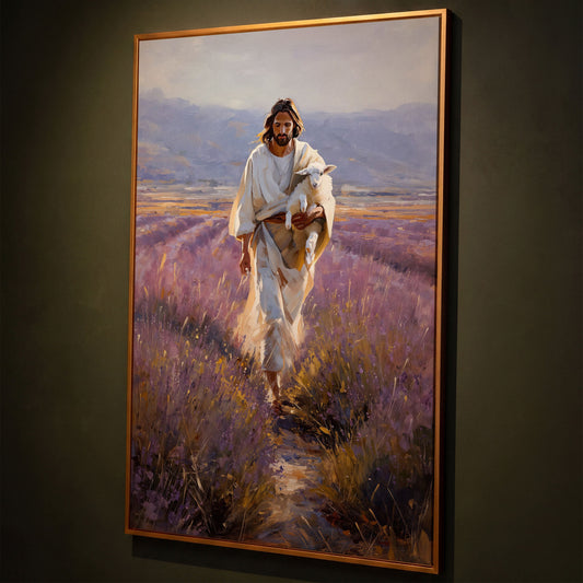 Jesus and the Lamb, Lavender Field Canvas Wall Art shown in antique gold floating frame