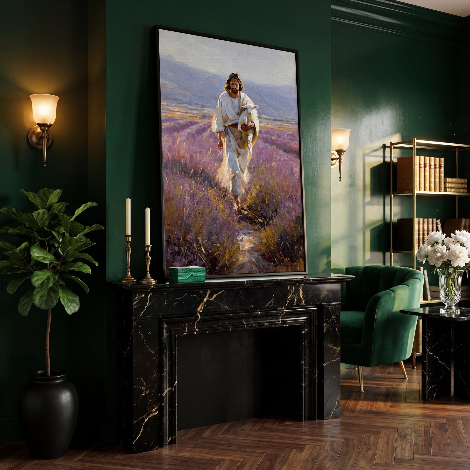 Jesus and the Lamb, Lavender Field Canvas Wall Art in black floating frame