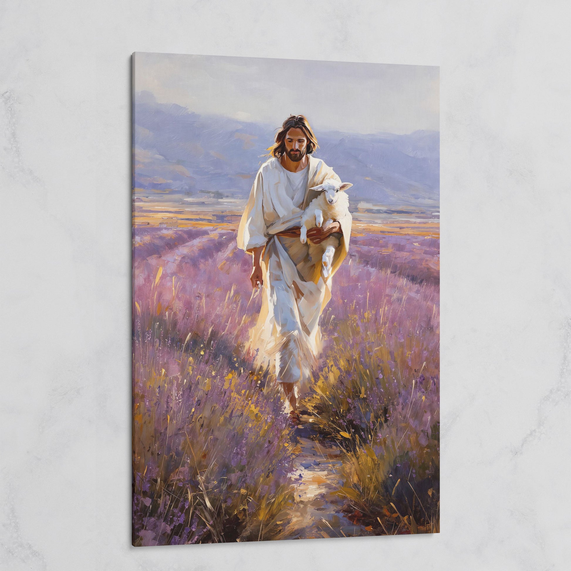 Jesus and the Lamb, Lavender Field Canvas Wall Art on gallery wrap