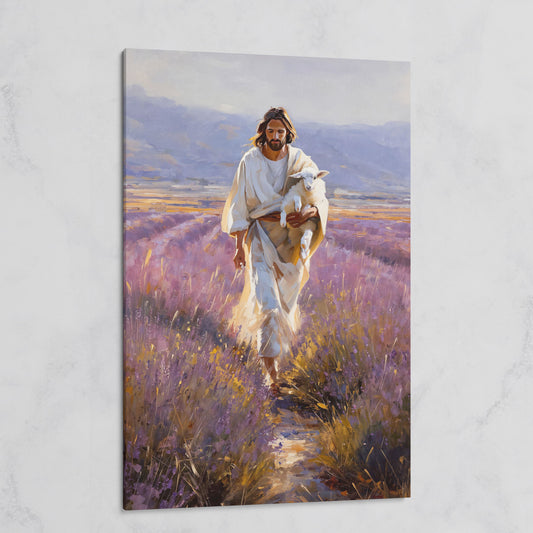Jesus and the Lamb, Lavender Field Canvas Wall Art on gallery wrap