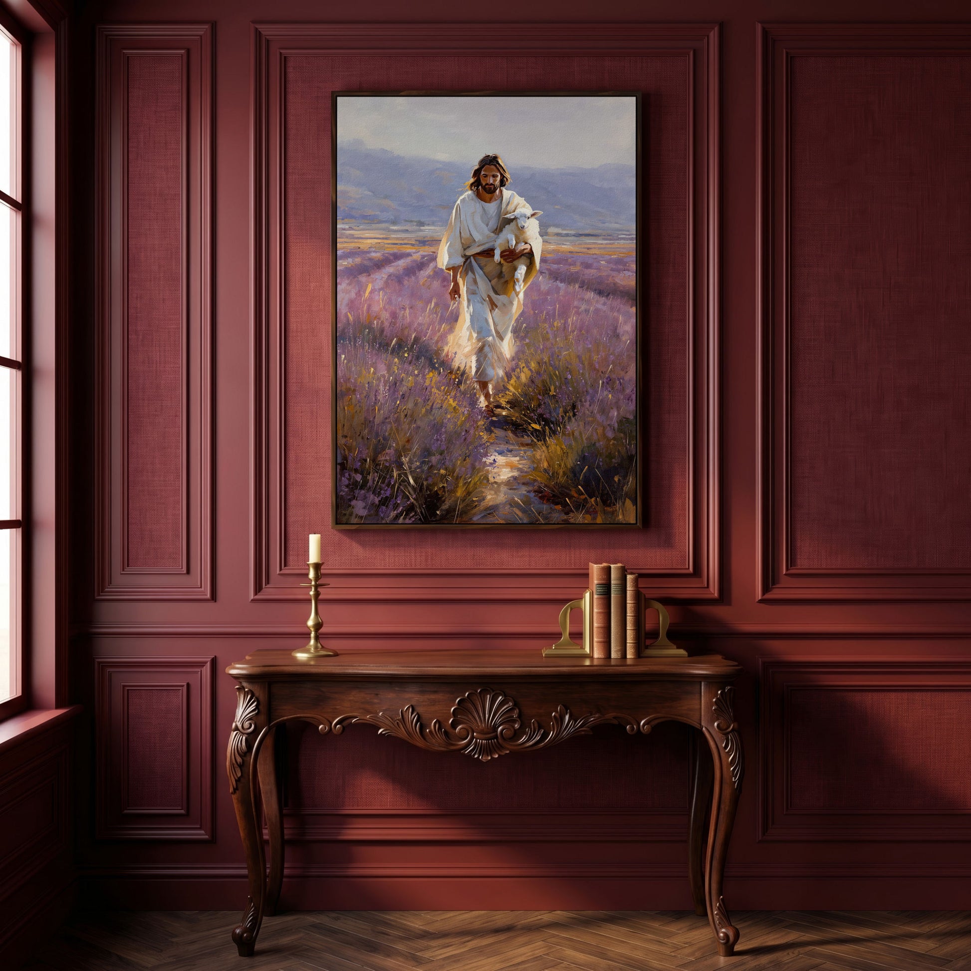 Jesus and the Lamb, Lavender Field Canvas Wall Art in dark walnut floating frame
