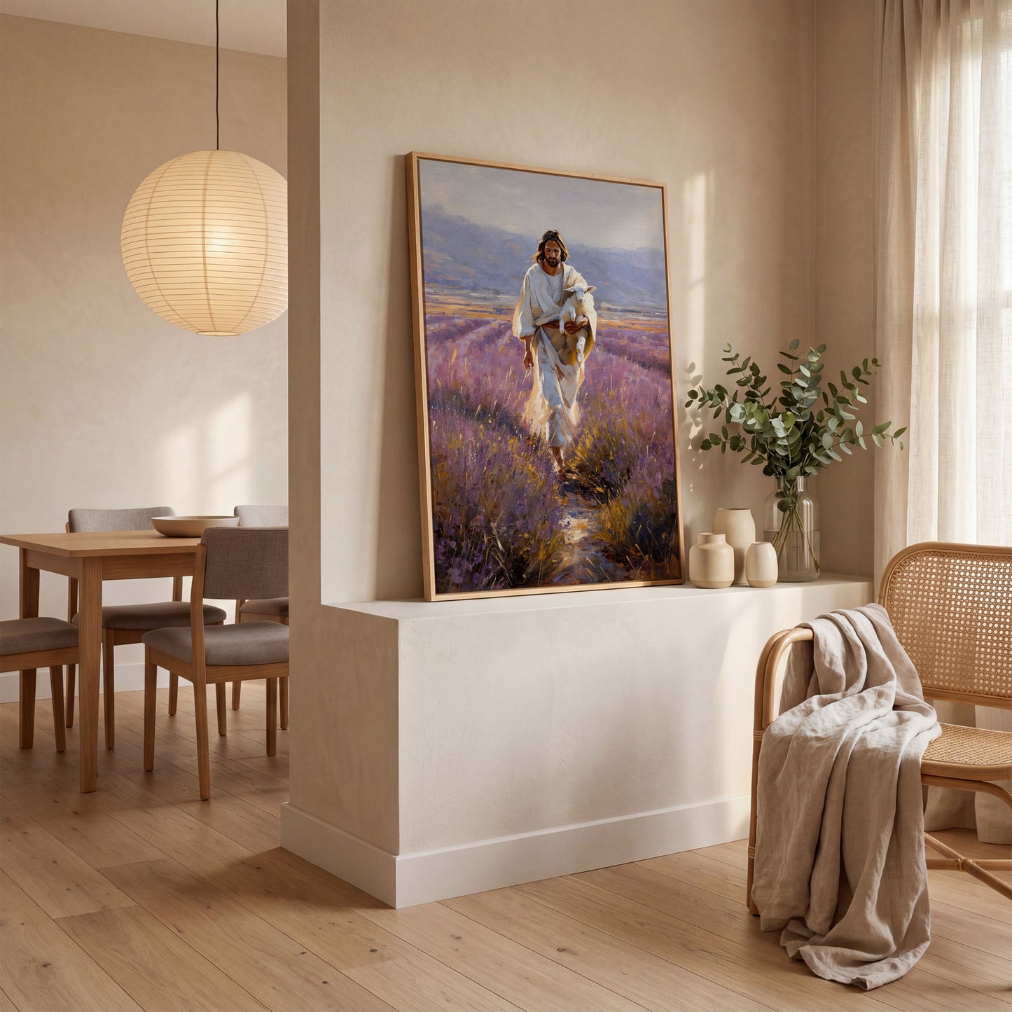 Jesus and the Lamb, Lavender Field Canvas Wall Art in white oak floating frame