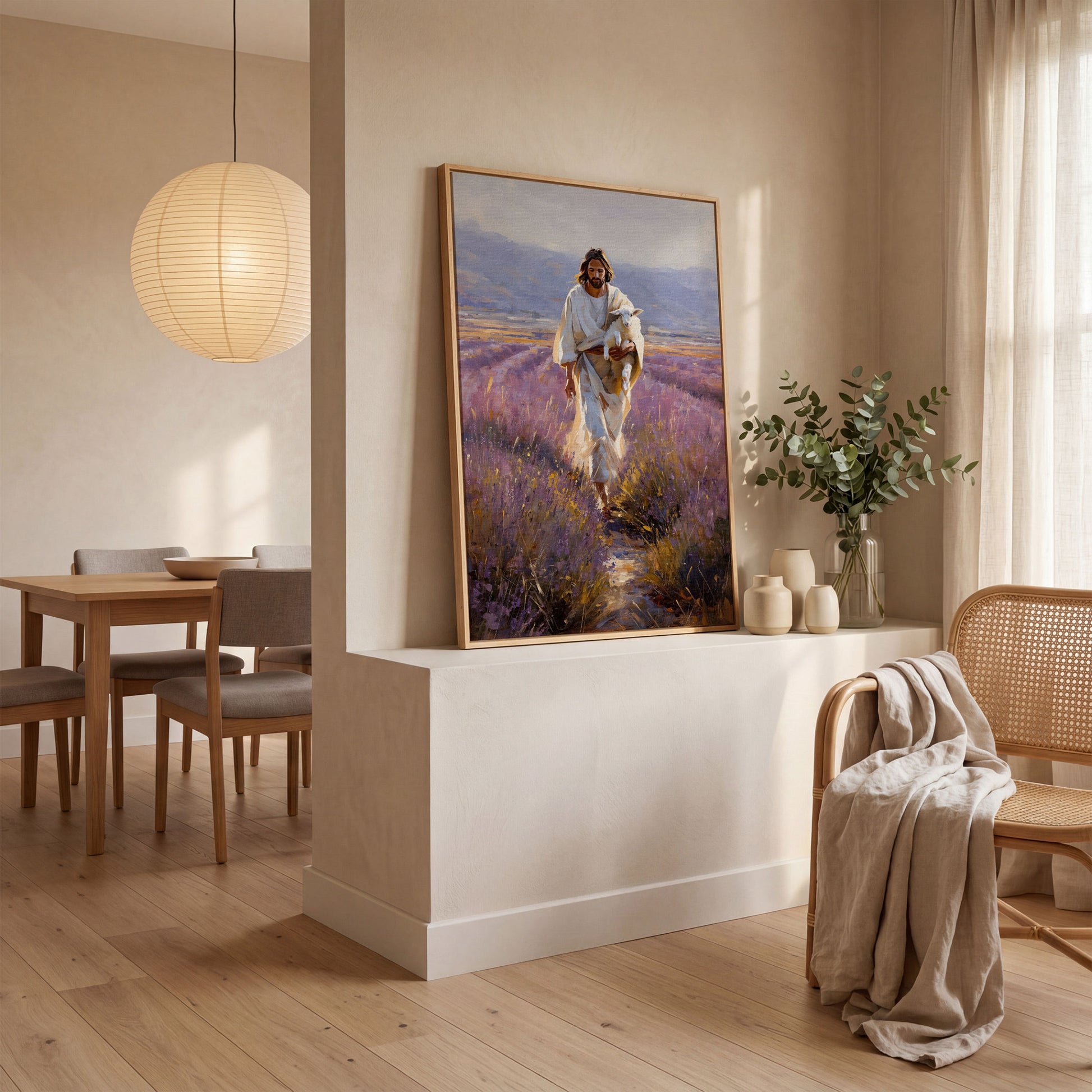 Jesus and the Lamb, Lavender Field Canvas Wall Art in white oak floating frame