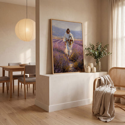 Jesus and the Lamb, Lavender Field Canvas Wall Art in white oak floating frame