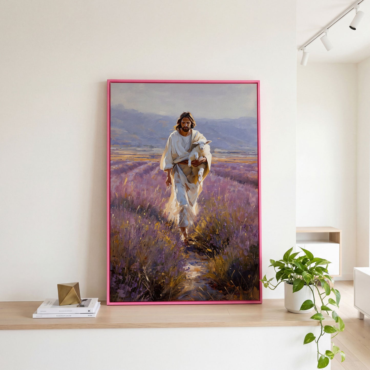 Jesus and the Lamb, Lavender Field Canvas Wall Art in pink floating frame