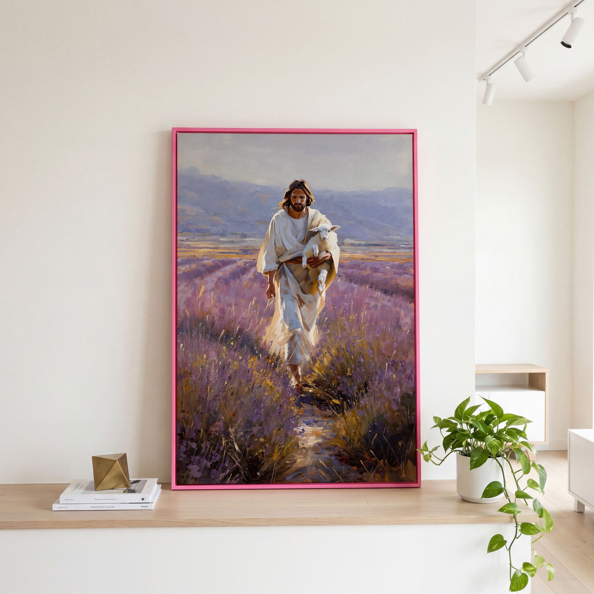 Jesus and the Lamb, Lavender Field Canvas Wall Art in pink floating frame