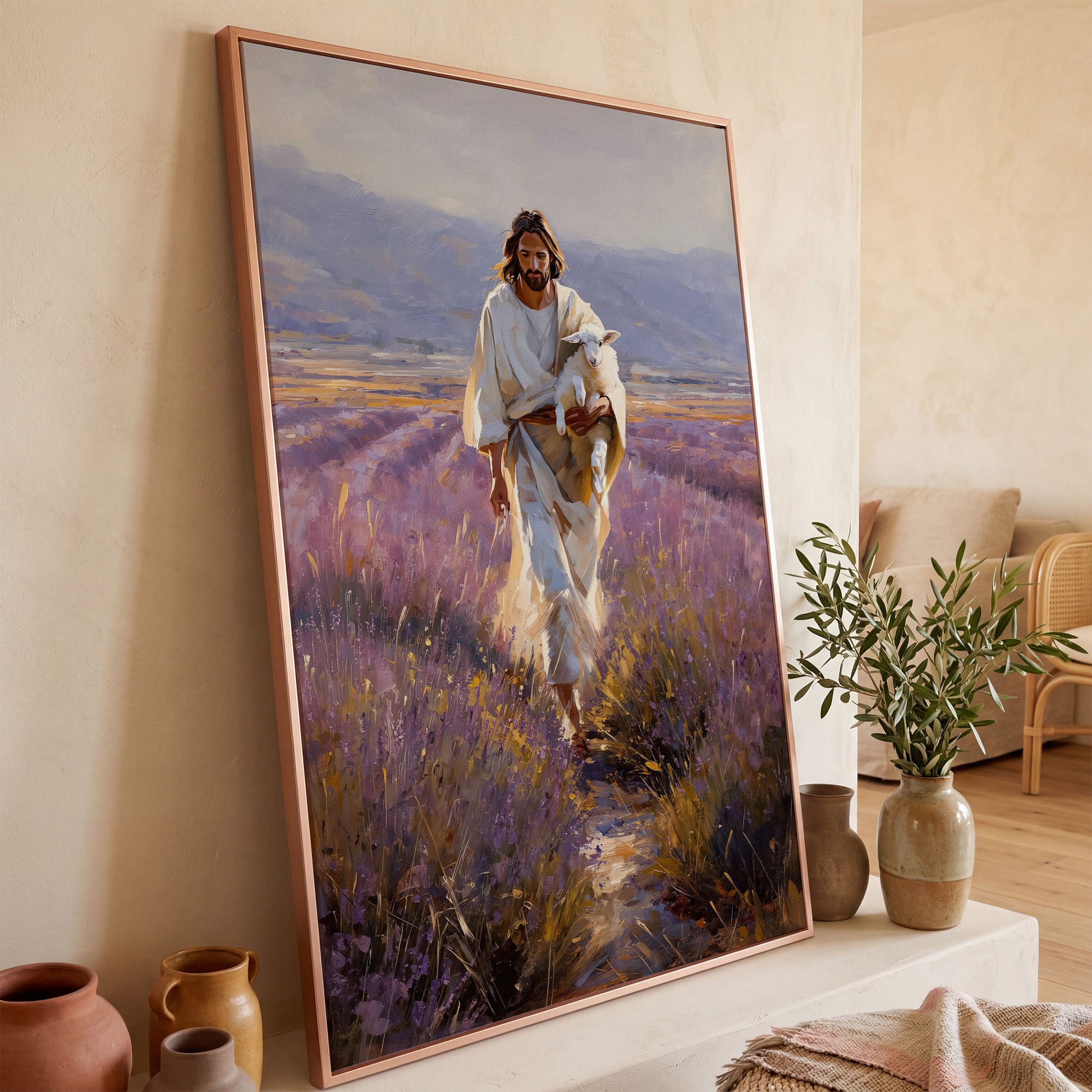 Jesus and the Lamb, Lavender Field Canvas Wall Art in rose gold floating frame