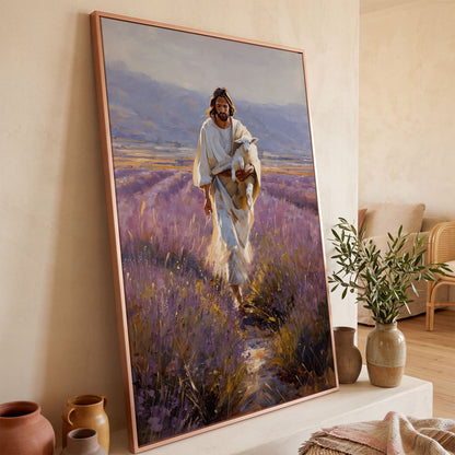 Jesus and the Lamb, Lavender Field Canvas Wall Art in rose gold floating frame