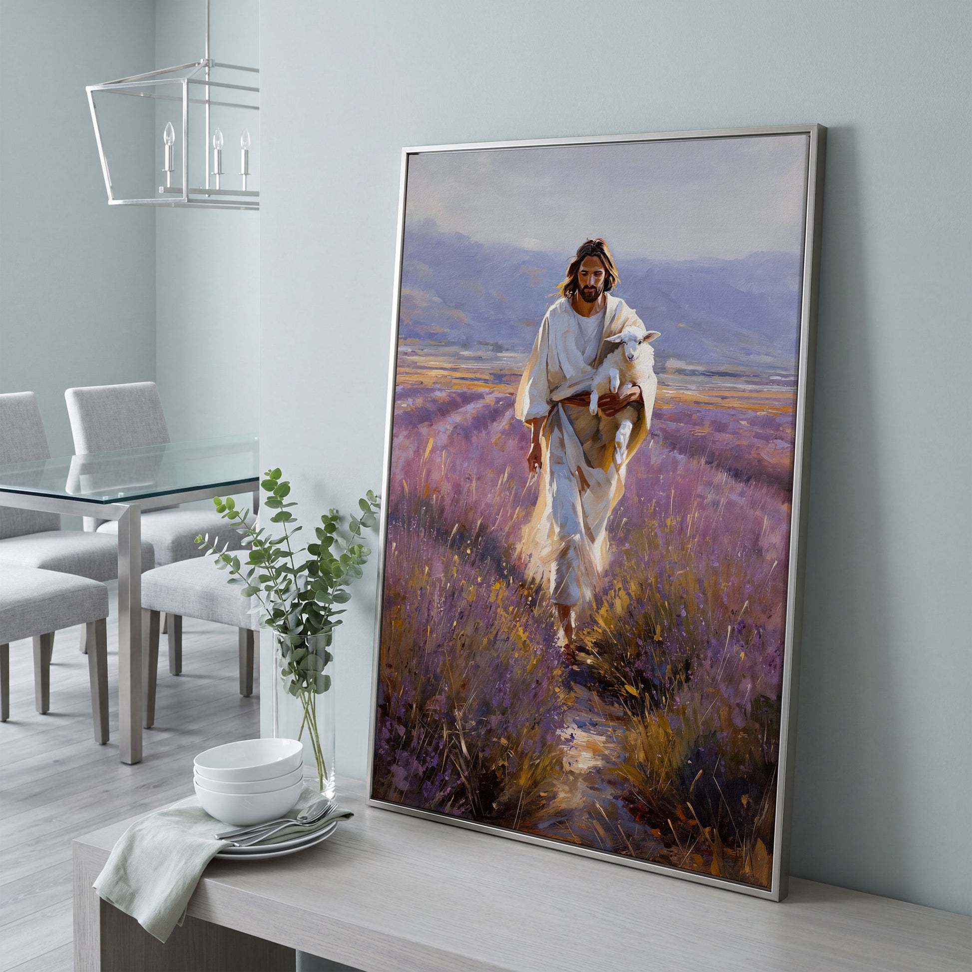 Jesus and the Lamb, Lavender Field Canvas Wall Art in silver floating frame