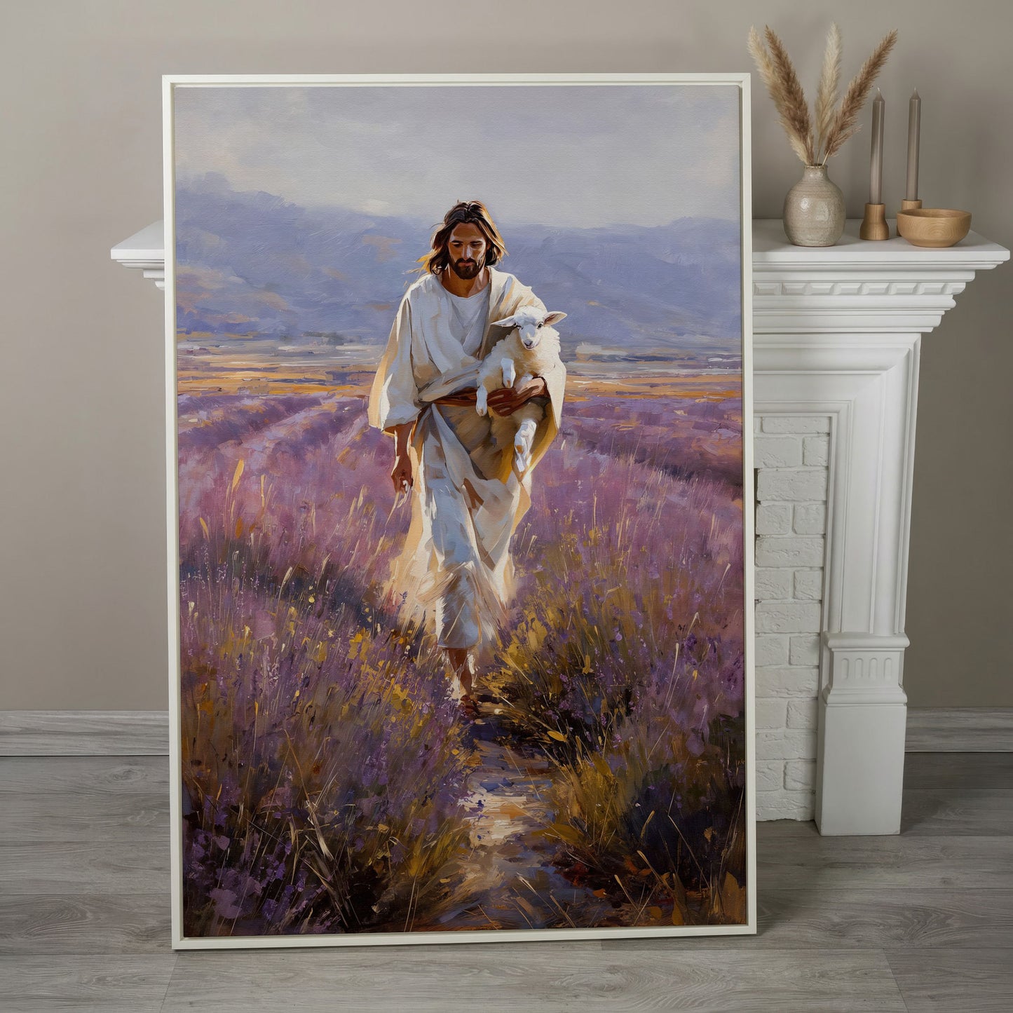 Jesus and the Lamb, Lavender Field Canvas Wall Art in white floating frame