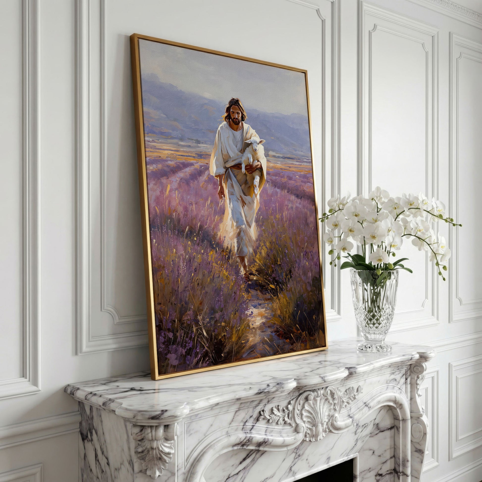Jesus and the Lamb, Lavender Field Canvas Wall Art in yellow gold floating frame
