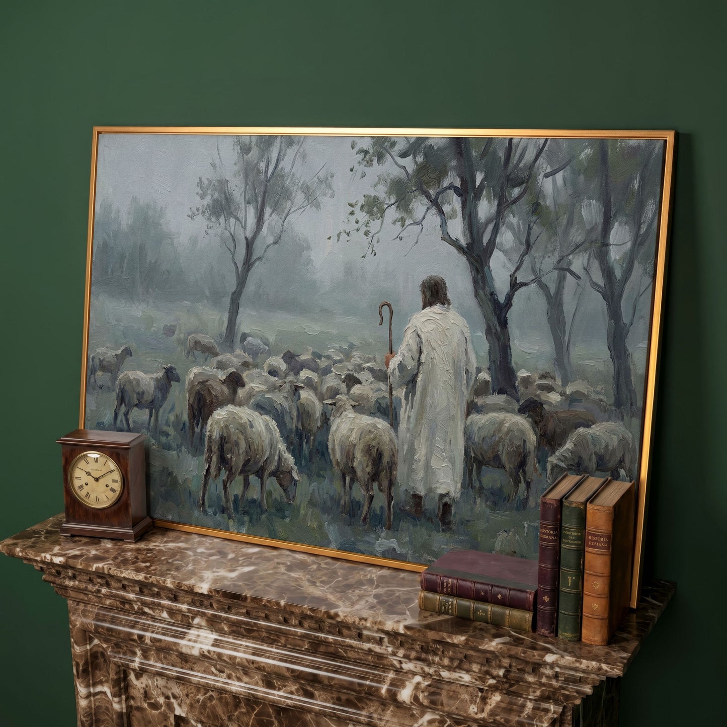 The Good Shepherd in the Mist: Jesus and His Flock Canvas Art in antique gold floating frame