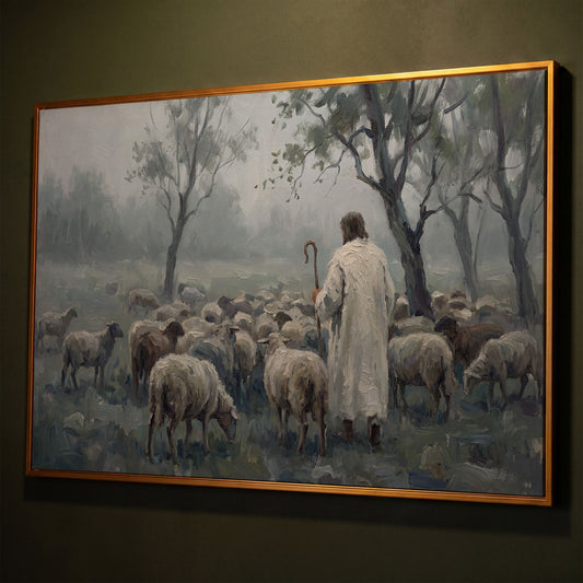 The Good Shepherd in the Mist: Jesus and His Flock Canvas Art shown in antique gold floating frame