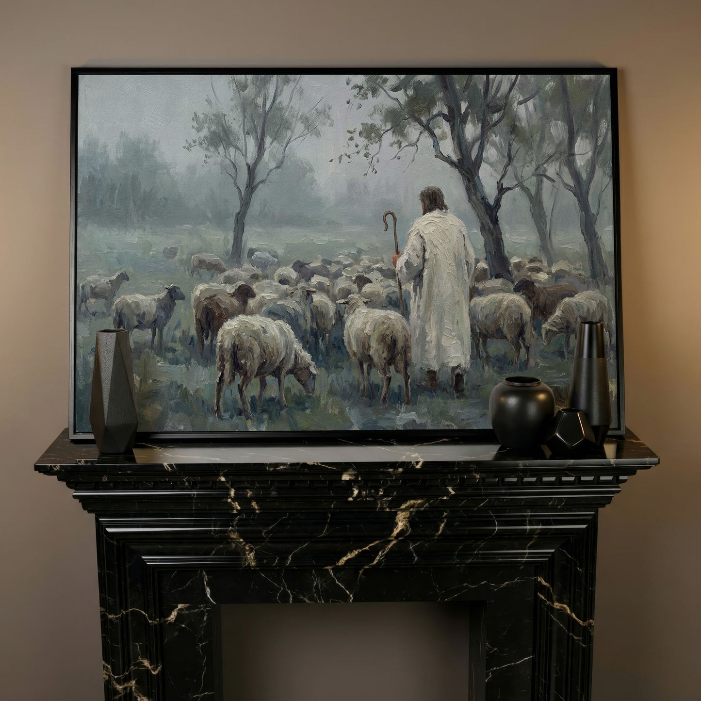 The Good Shepherd in the Mist: Jesus and His Flock Canvas Art in black floating frame