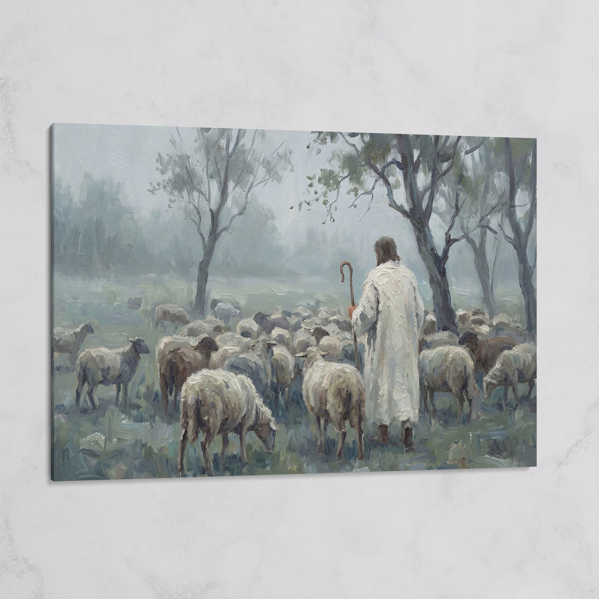 The Good Shepherd in the Mist: Jesus and His Flock Canvas Art on gallery wrap