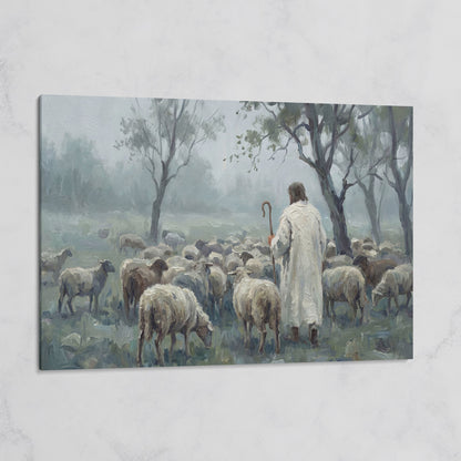 The Good Shepherd in the Mist: Jesus and His Flock Canvas Art on gallery wrap