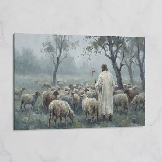 The Good Shepherd in the Mist: Jesus and His Flock Canvas Art on gallery wrap