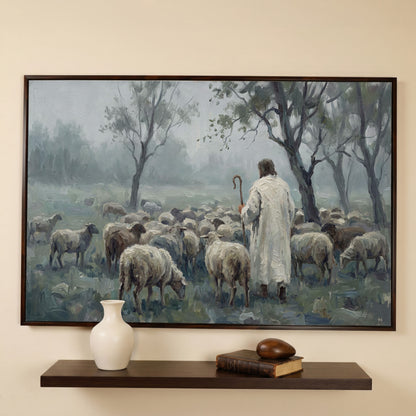 The Good Shepherd in the Mist: Jesus and His Flock Canvas Art in dark walnut floating frame