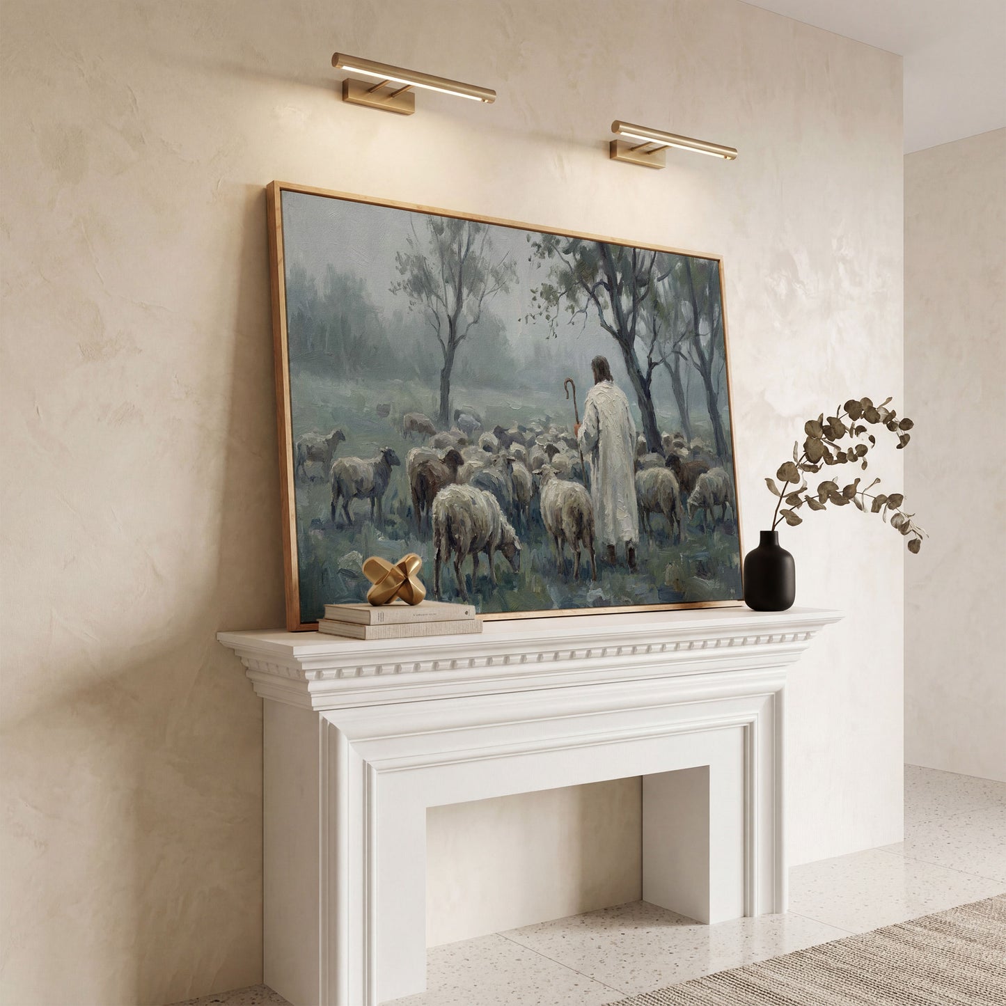 The Good Shepherd in the Mist: Jesus and His Flock Canvas Art in white oak floating frame
