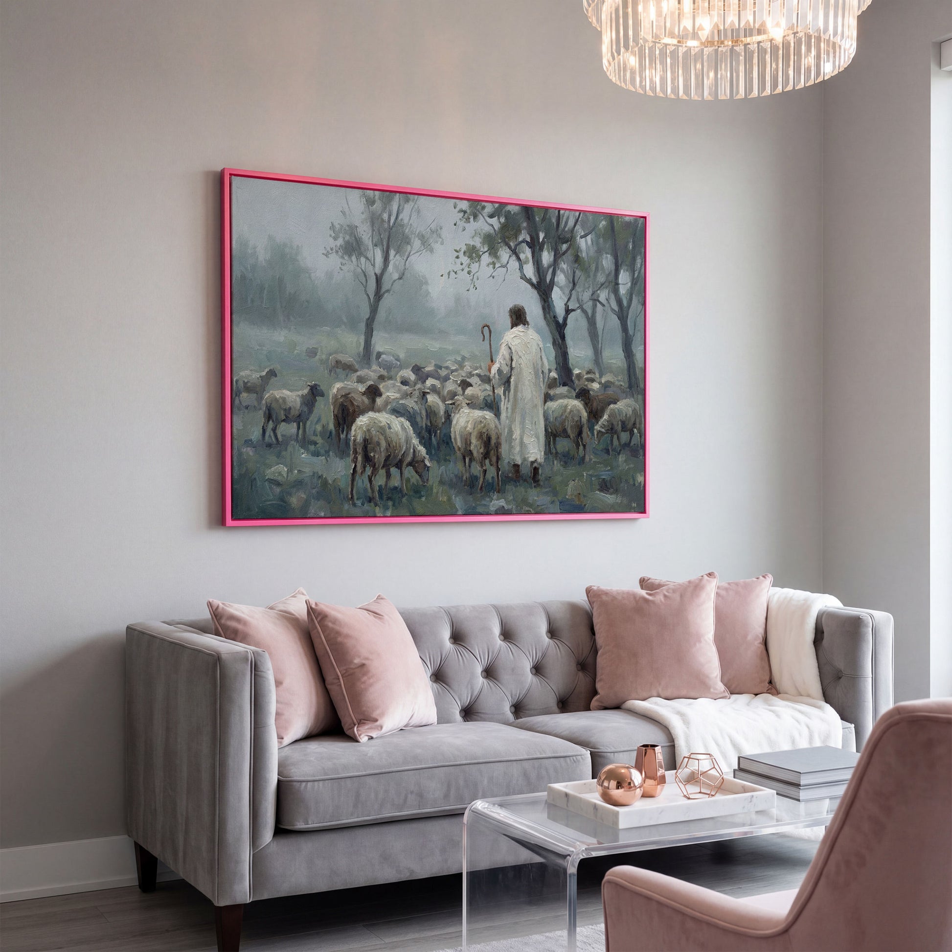 The Good Shepherd in the Mist: Jesus and His Flock Canvas Art in pink floating frame