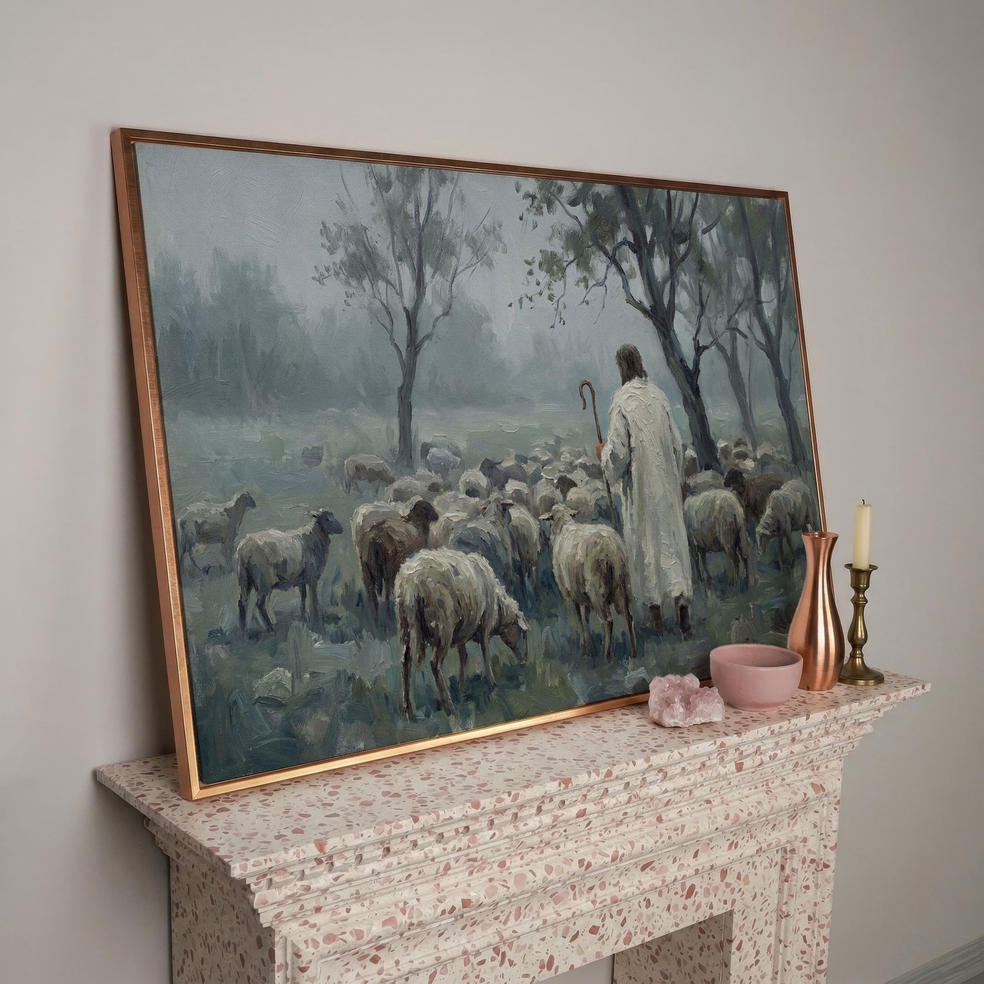 The Good Shepherd in the Mist: Jesus and His Flock Canvas Art in rose gold floating frame