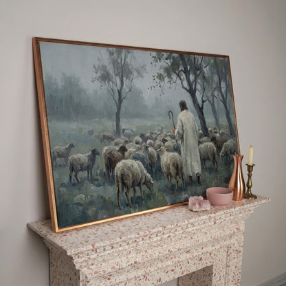 The Good Shepherd in the Mist: Jesus and His Flock Canvas Art in rose gold floating frame