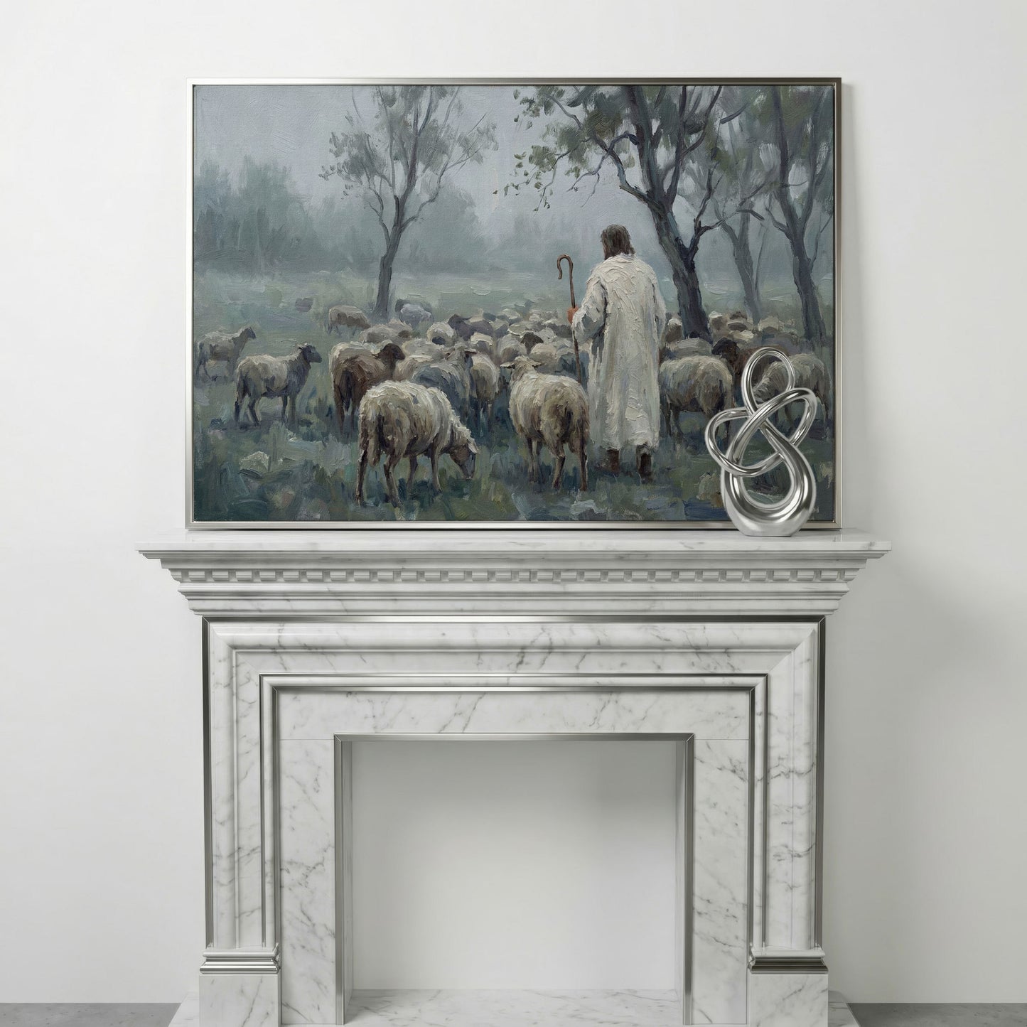The Good Shepherd in the Mist: Jesus and His Flock Canvas Art in silver floating frame