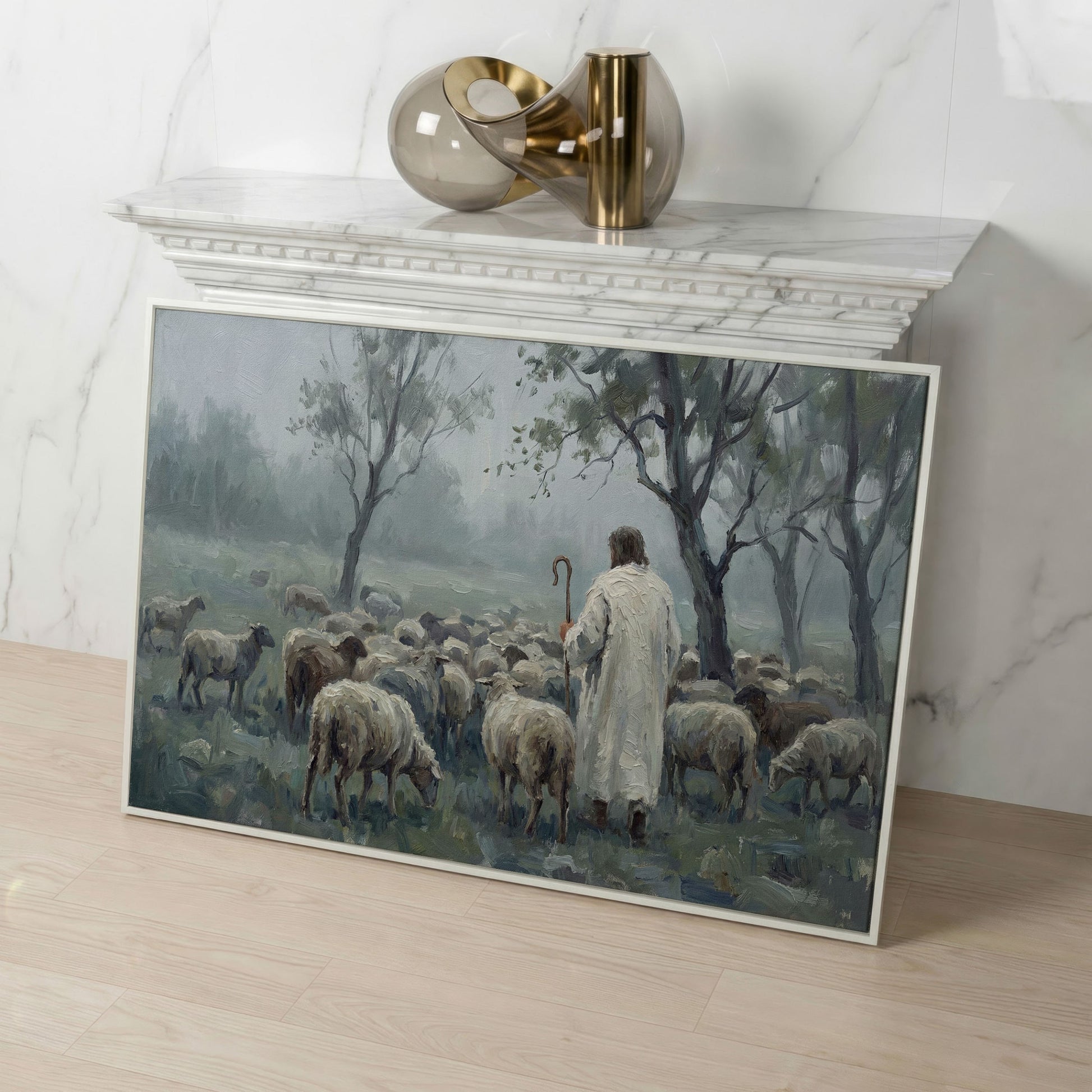 The Good Shepherd in the Mist: Jesus and His Flock Canvas Art in white floating frame