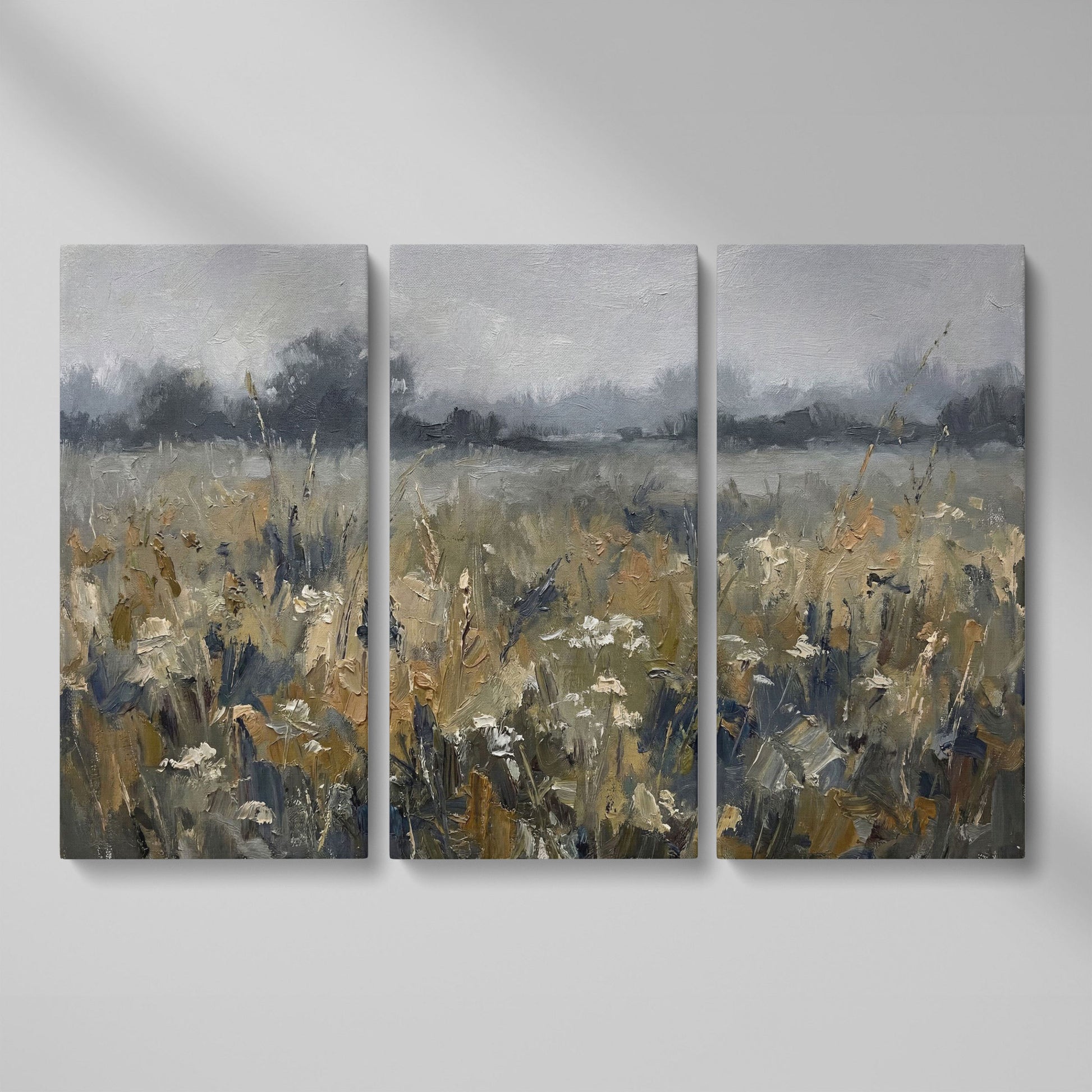 Wildflower Field at Dusk. Pastoral Landscape Canvas Art as 3-panel split version