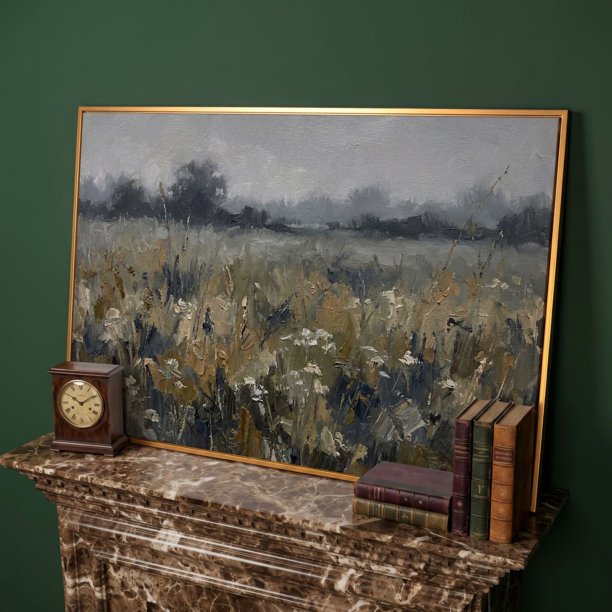 Wildflower Field at Dusk. Pastoral Landscape Canvas Art in antique gold floating frame