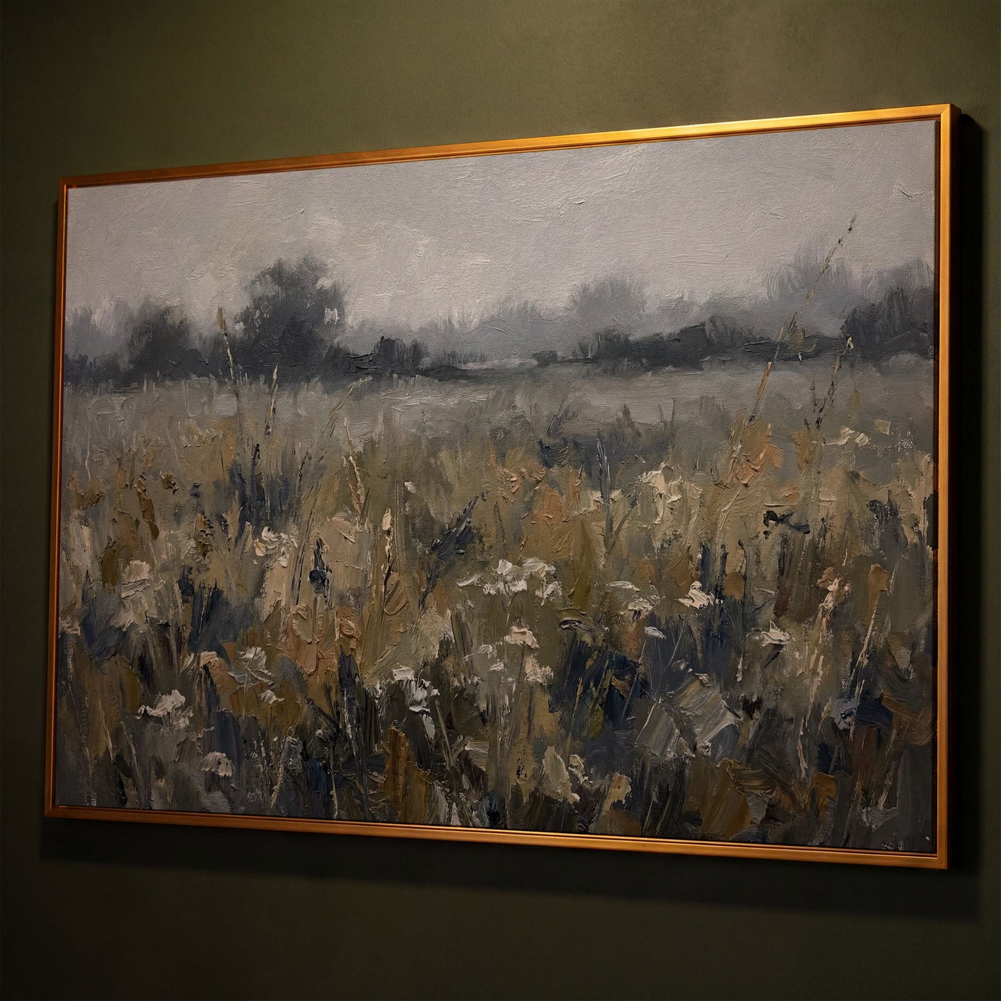 Wildflower Field at Dusk. Pastoral Landscape Canvas Art shown in antique gold floating frame