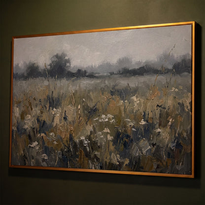 Wildflower Field at Dusk. Pastoral Landscape Canvas Art shown in antique gold floating frame