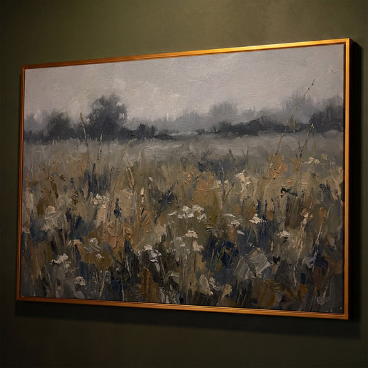 Wildflower Field at Dusk. Pastoral Landscape Canvas Art shown in antique gold floating frame