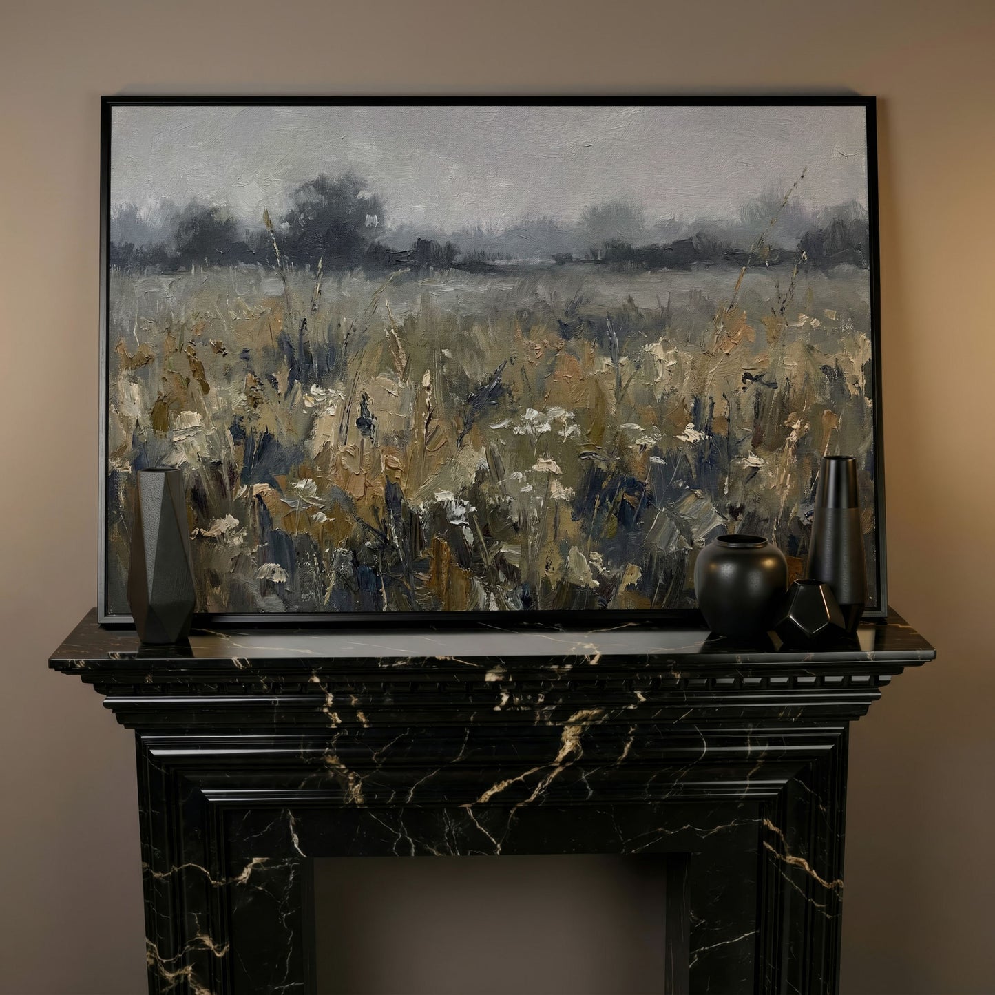 Wildflower Field at Dusk. Pastoral Landscape Canvas Art in black floating frame