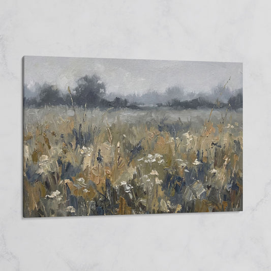 Wildflower Field at Dusk. Pastoral Landscape Canvas Art on gallery wrap