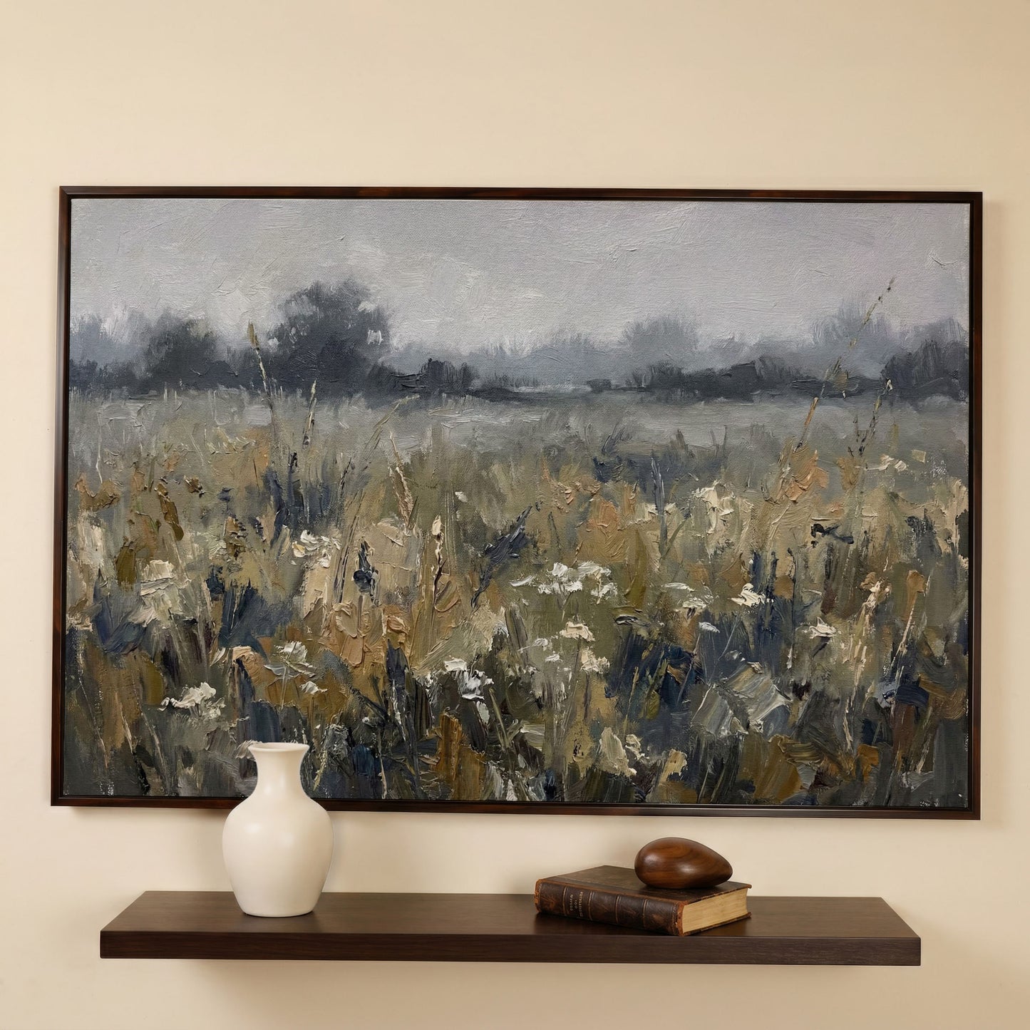 Wildflower Field at Dusk. Pastoral Landscape Canvas Art in dark walnut floating frame