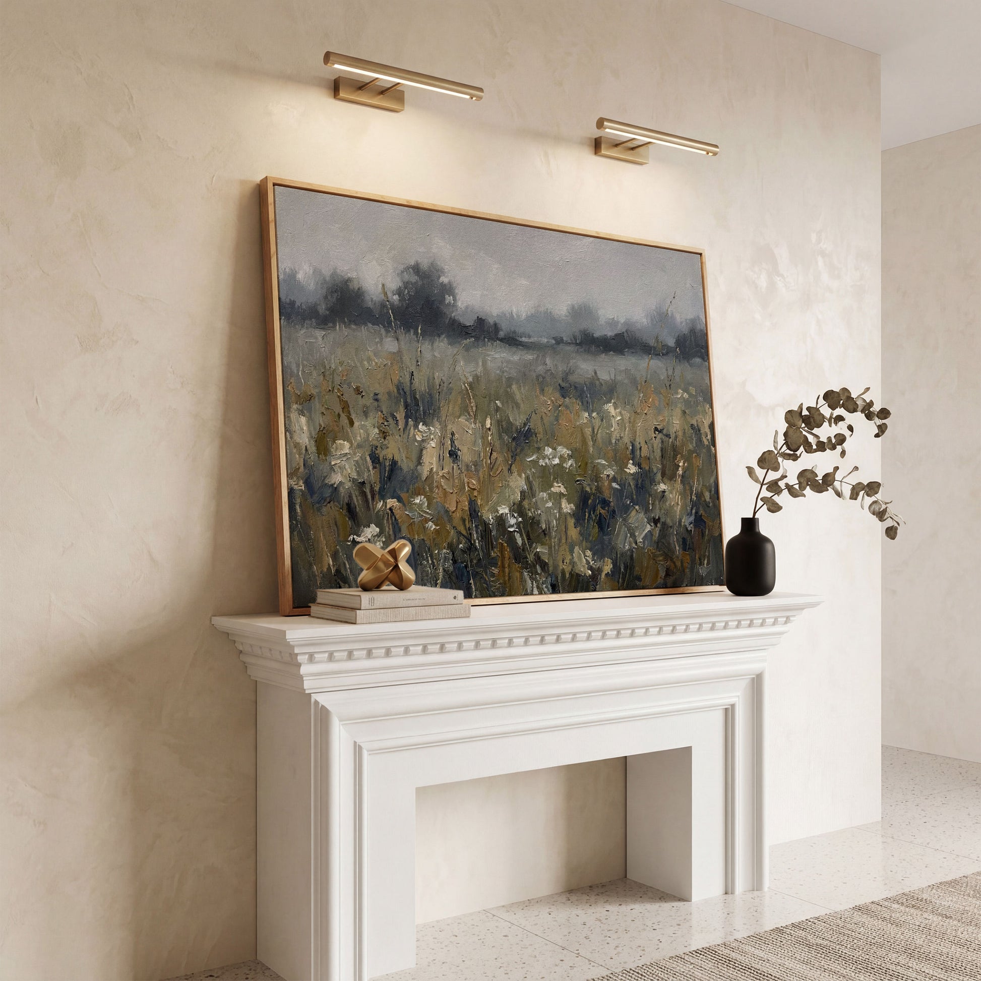 Wildflower Field at Dusk. Pastoral Landscape Canvas Art in white oak floating frame