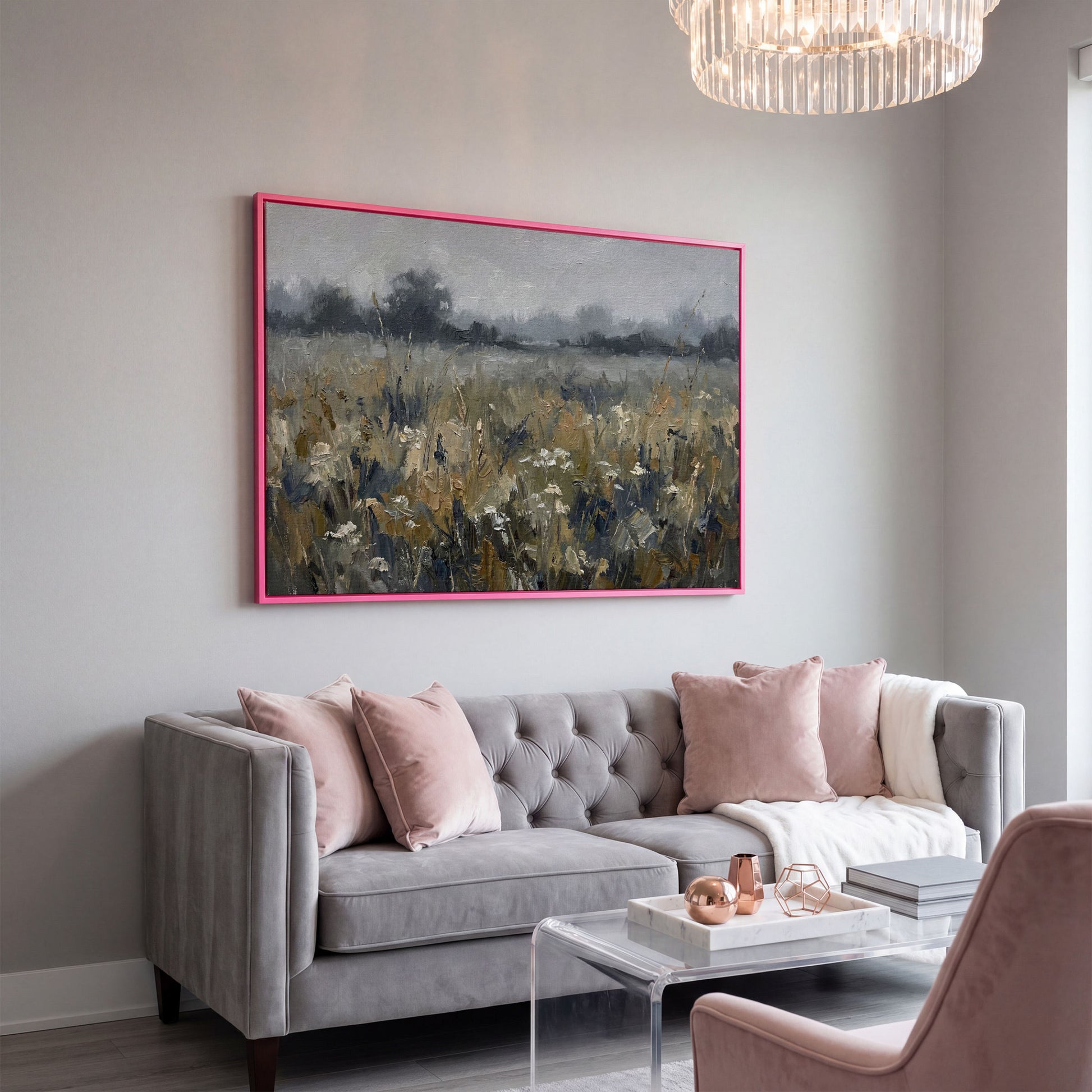 Wildflower Field at Dusk. Pastoral Landscape Canvas Art in pink floating frame