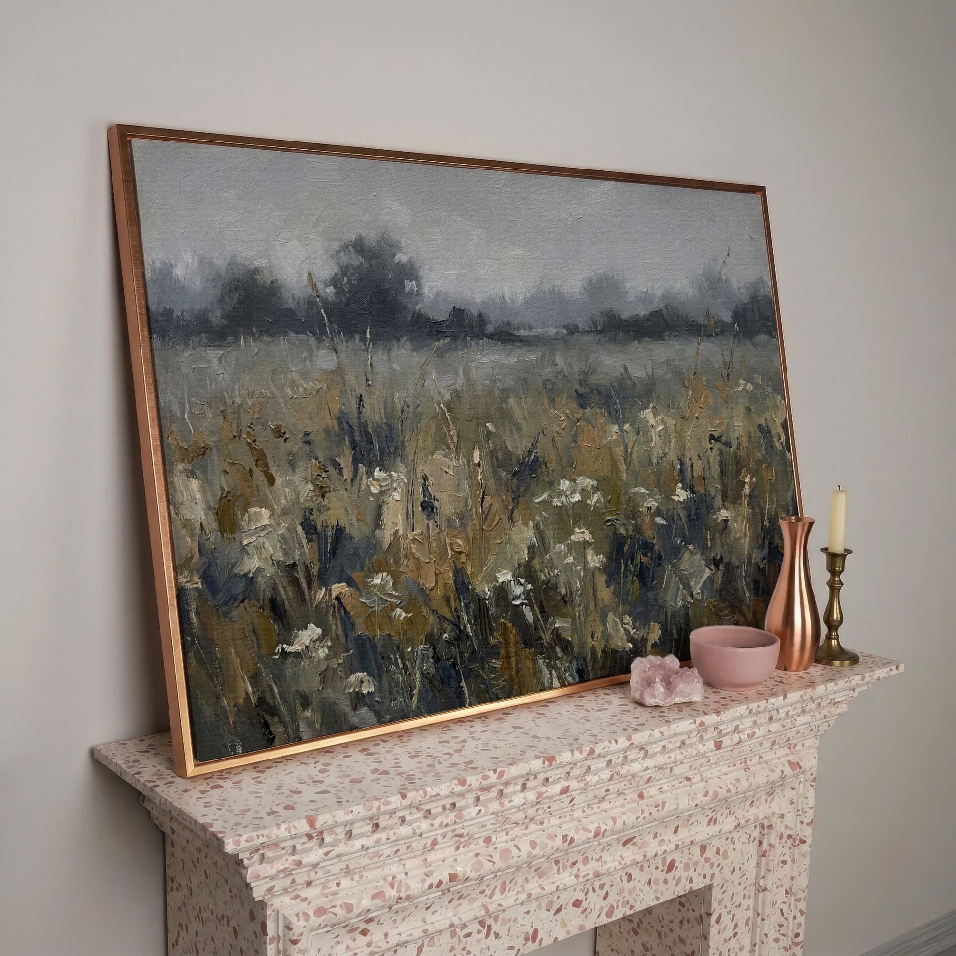 Wildflower Field at Dusk. Pastoral Landscape Canvas Art in rose gold floating frame