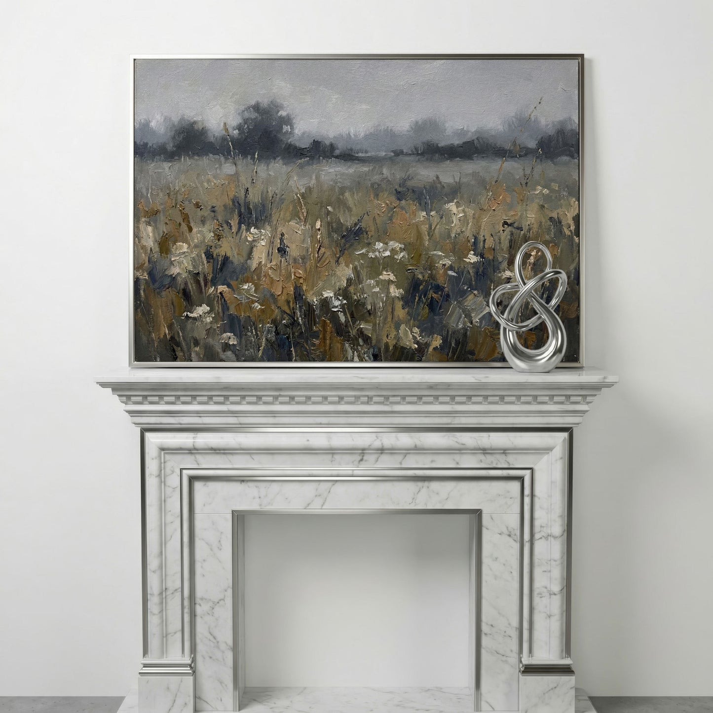 Wildflower Field at Dusk. Pastoral Landscape Canvas Art in silver floating frame