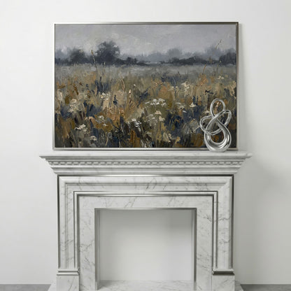 Wildflower Field at Dusk. Pastoral Landscape Canvas Art in silver floating frame