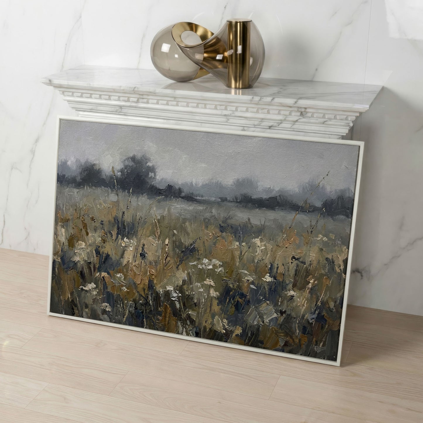 Wildflower Field at Dusk. Pastoral Landscape Canvas Art in white floating frame