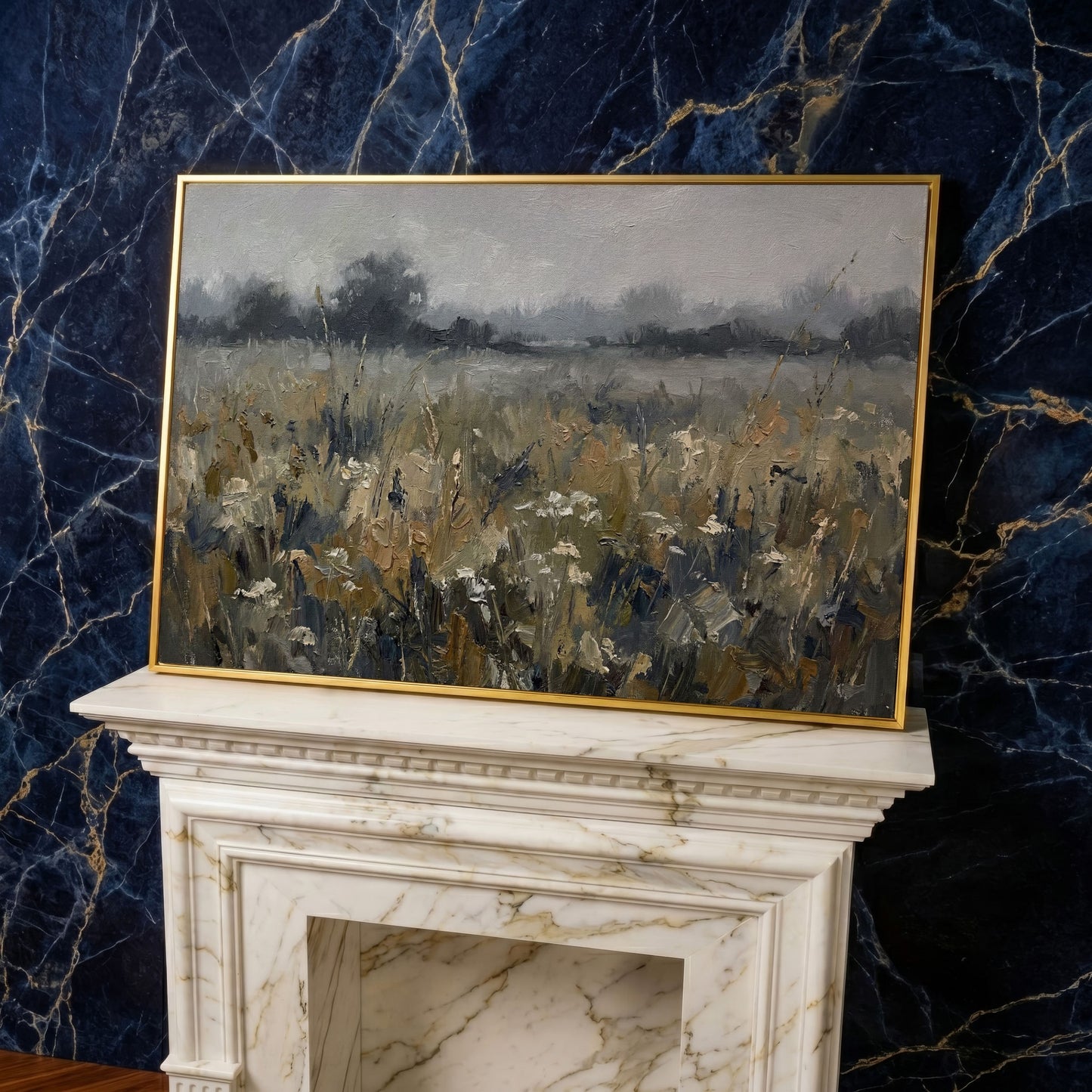 Wildflower Field at Dusk. Pastoral Landscape Canvas Art in yellow gold floating frame
