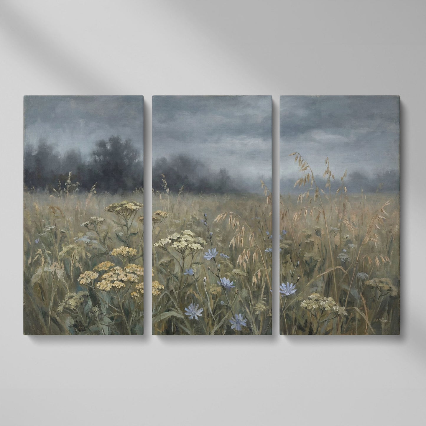 Wildflower Field Under a Cloudy Sky, Canvas Wall Art as 3-panel split version