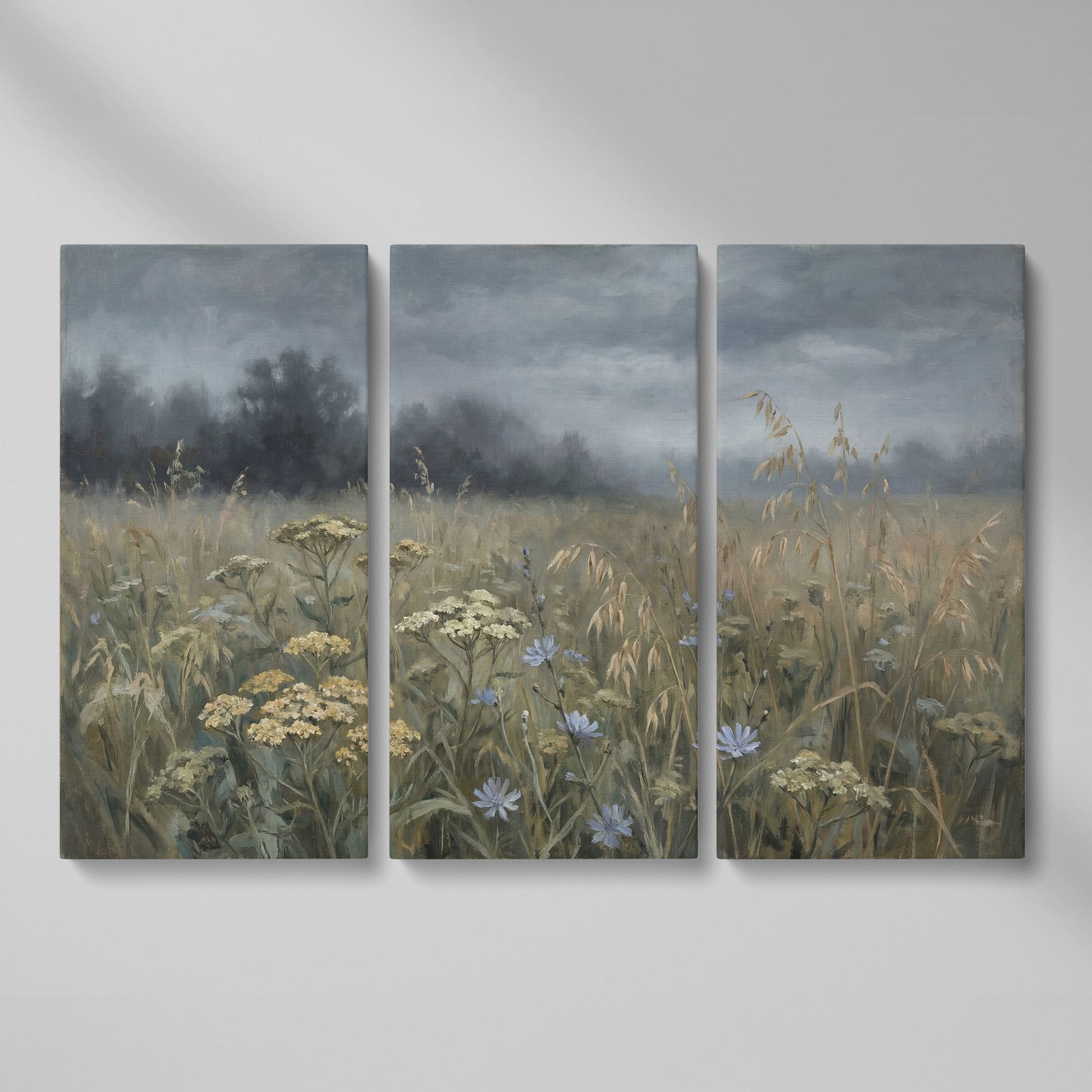 Wildflower Field Under a Cloudy Sky, Canvas Wall Art as 3-panel split version